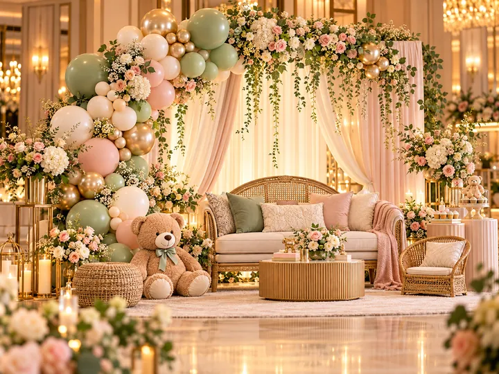 Pastel baby shower decor concept with balloons and lounge seating