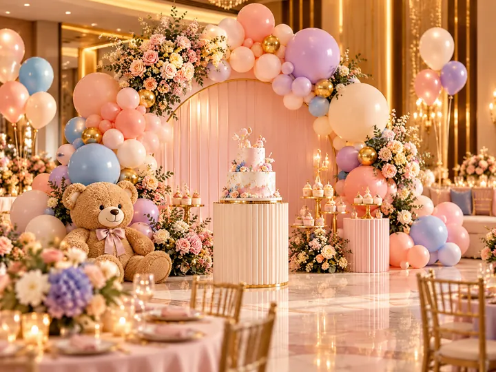 Pastel balloon birthday celebration concept with cake display