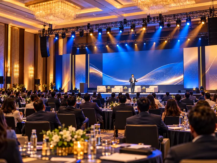 Corporate conference concept with stage lighting and seated audience