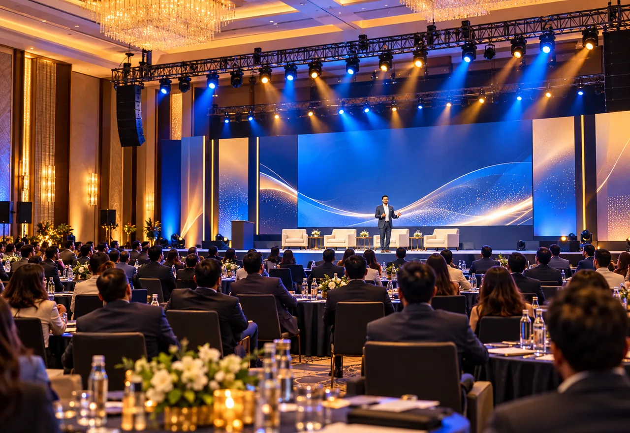 AI-generated corporate event concept illustration; not a photographed client project or product sample