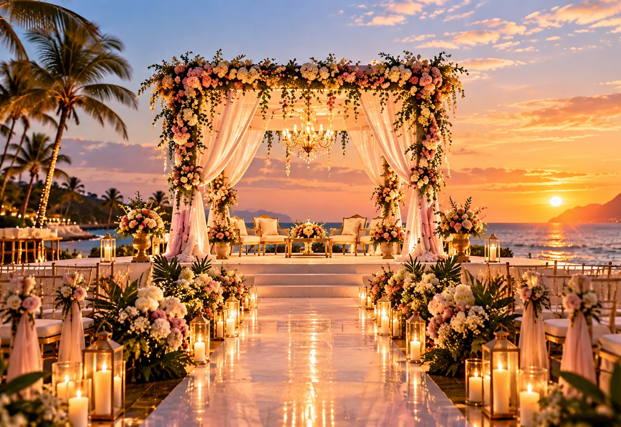 Beach wedding entrance — AI-generated event planning concept, not completed client photography