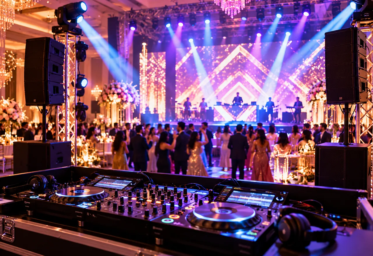 DJ stage and production — AI-generated event planning concept, not completed client photography