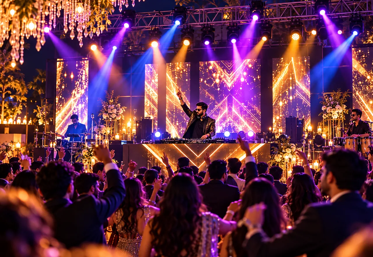 DJ with concert lighting — AI-generated event planning concept, not completed client photography
