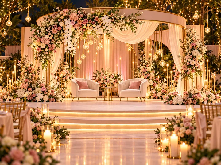 Floral stage decoration concept with warm candlelit lighting