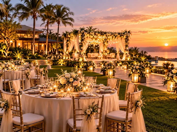 Garden venue setup concept with landscaped outdoor guest seating