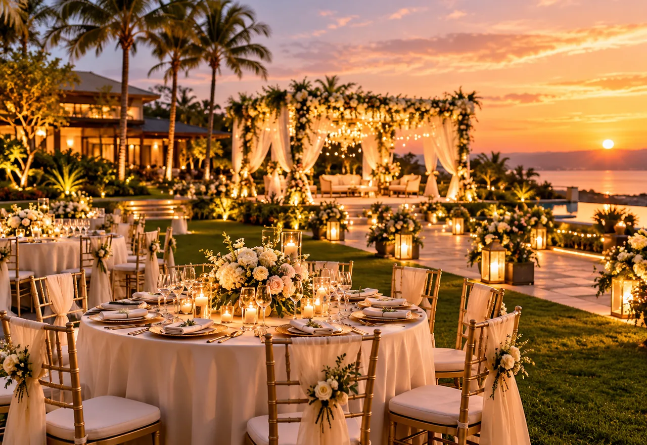 Elegant golden-hour garden reception concept