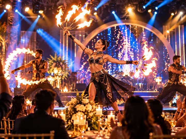 Live performers on a brightly lit event stage concept