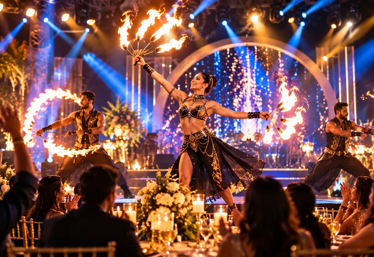 Live stage fire performance — AI-generated event planning concept, not completed client photography