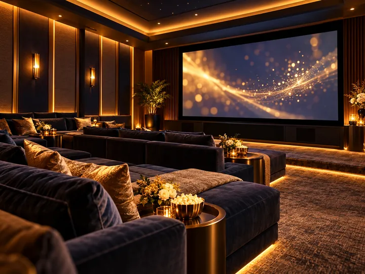 Premium private cinema room concept with comfortable lounge seating