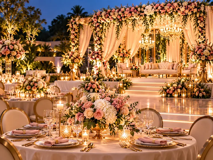 AI event concept: Garden floral reception stage