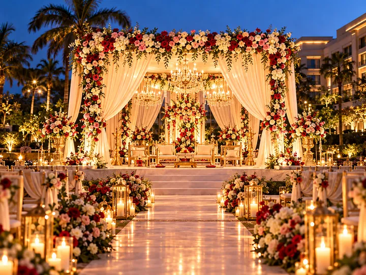 Warm floral Indian wedding mandap concept with illuminated ceremony stage